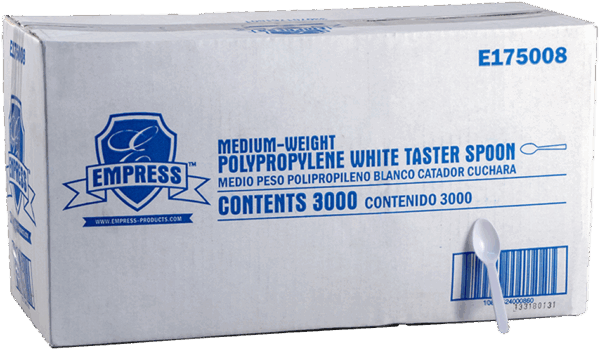 Cardboard case labeled “Empress Medium-Weight Polypropylene White Taster Spoon,” containing 3,000 spoons, with one spoon attached to the front of the box.