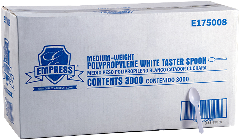 Cardboard case labeled “Empress Medium-Weight Polypropylene White Taster Spoon,” containing 3,000 spoons, with one spoon attached to the front of the box.