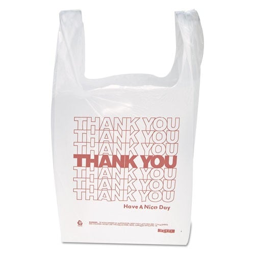 White plastic t-shirt bag with red "THANK YOU" text repeated multiple times and "Have A Nice Day" printed at the bottom, commonly used for retail and takeout.