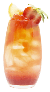 Iced strawberry bubble tea in a tall clear glass, layered with red purée at the bottom, orange bursting boba, and topped with a halved strawberry and lemon wedge garnish.