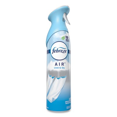 Front of Febreze AIR Linen & Sky aerosol spray can with a cloud and linen graphic, 8.8 oz size, featuring a sleek blue and white design.