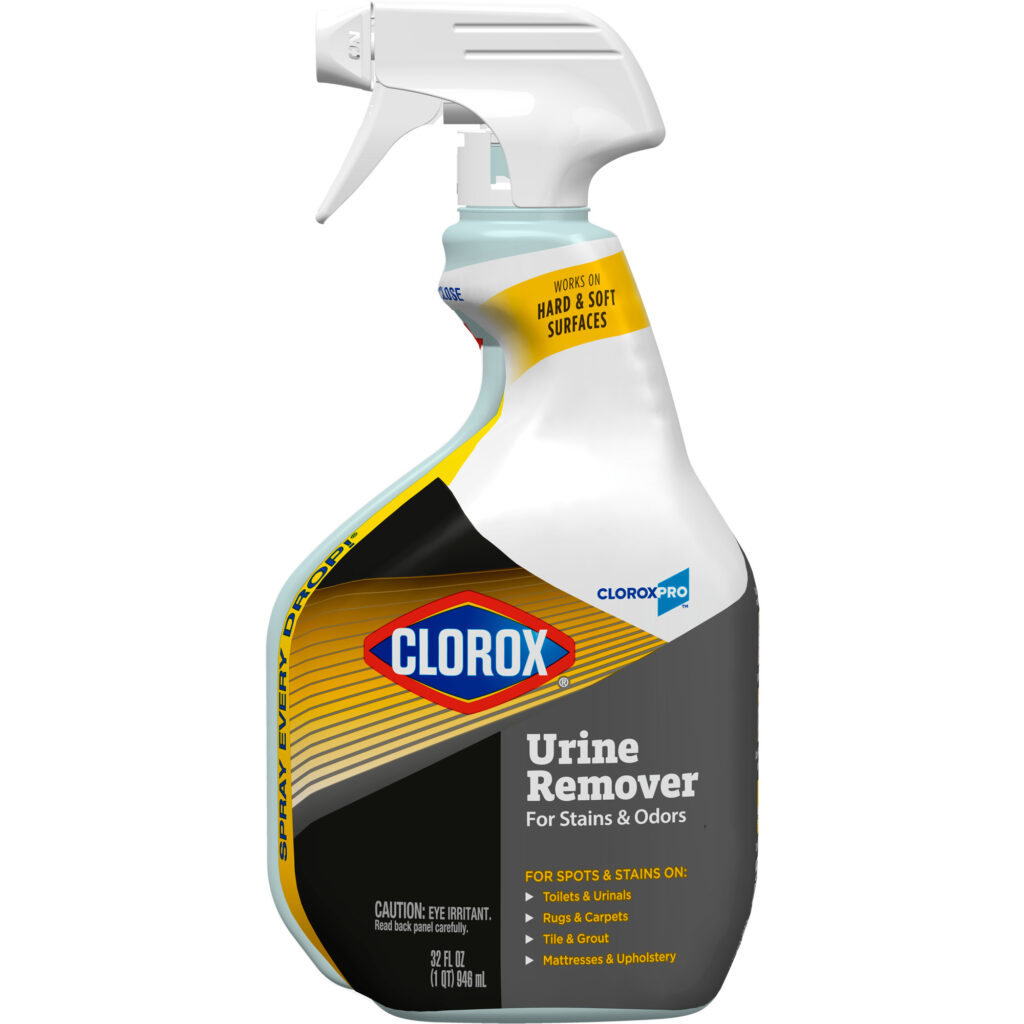 Clorox 32 oz Urine Remover spray bottle front view showing product label, highlighting use for stains and odors on hard and soft surfaces.