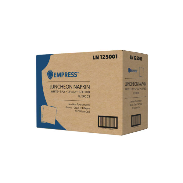 Brown shipping carton labeled Empress Luncheon Napkin, 1-ply, 12"x12", ¼ fold, 12 packs of 500 napkins.