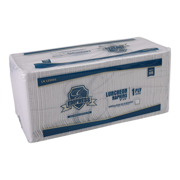 Pack of Empress Luncheon Napkins wrapped in clear plastic, labeled 1-ply, 12"x12", ¼ fold, 500 count.