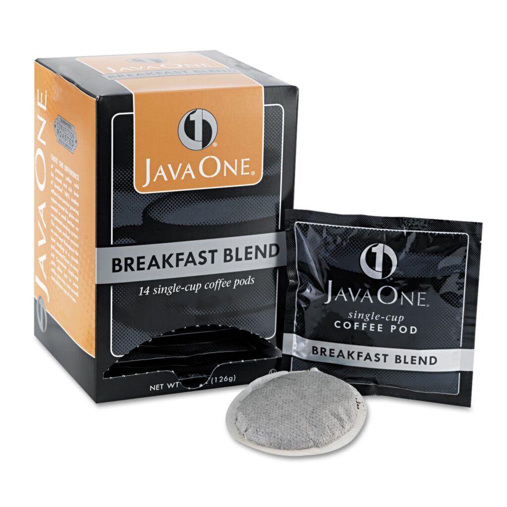Java One Breakfast Blend coffee pod displayed with its box and single sealed wrapper, highlighting packaging and pod format.