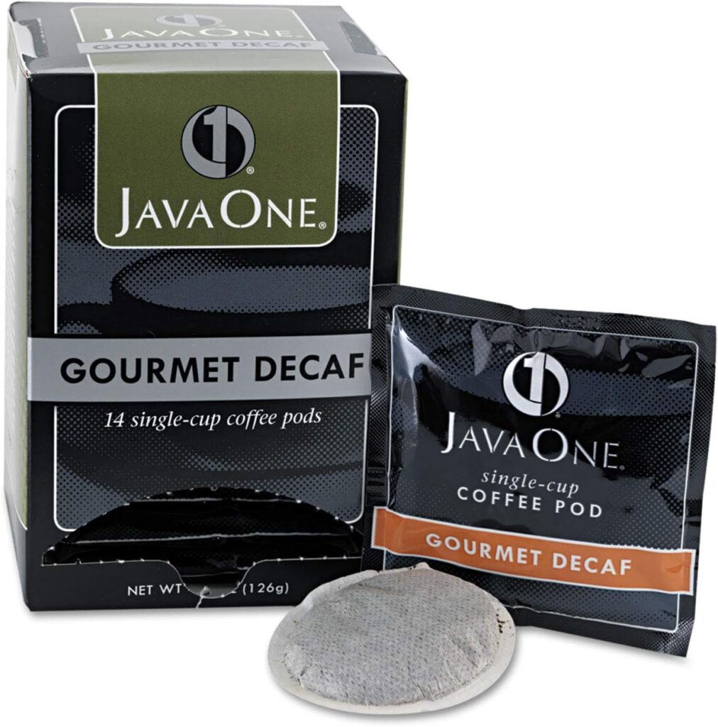 Box of Java One Gourmet Decaf coffee pods with one pod and its individual wrapper displayed in front.