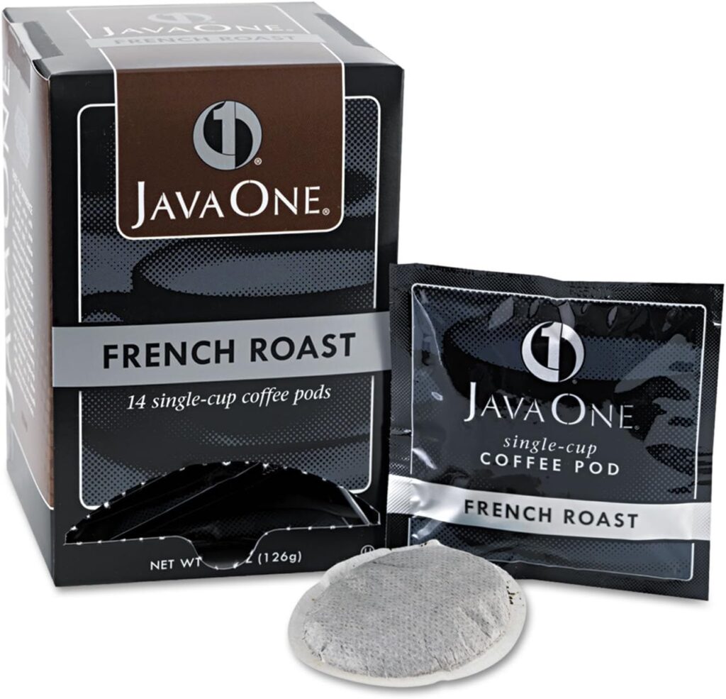 Java One French Roast coffee box with 14 pods, displayed alongside a sealed pod package and filter pod.
