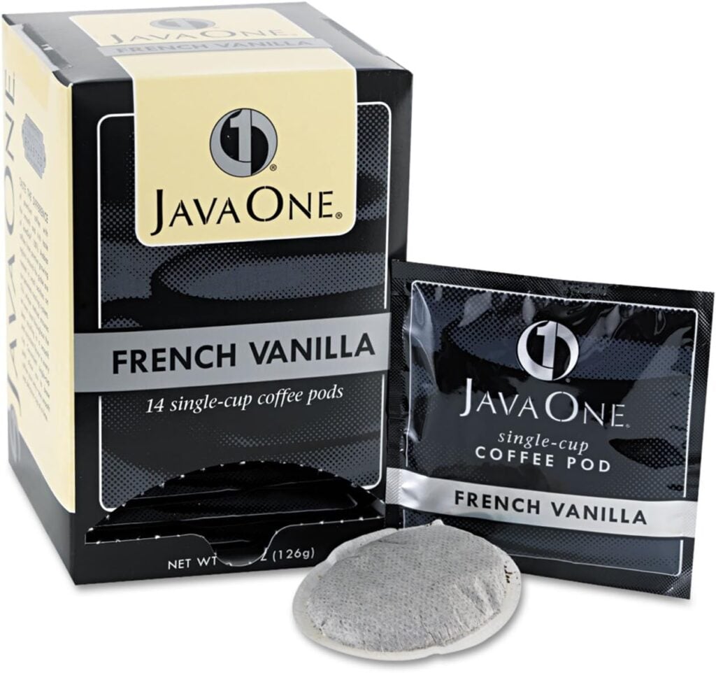 Java One French Vanilla coffee pod and retail box displayed together, showing product packaging and individual pod detail.