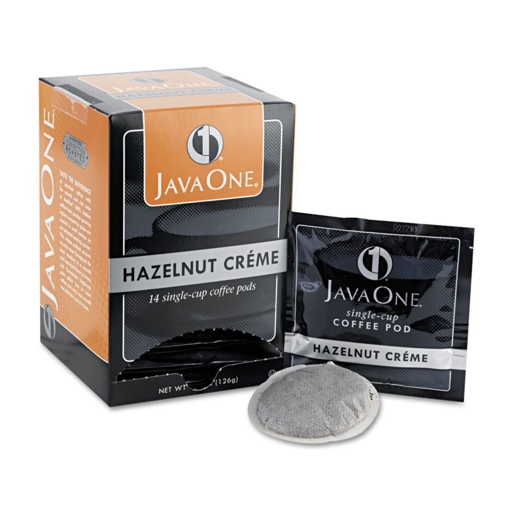 Java One Hazelnut Crème coffee pod box with a matching single-cup pod placed in front, ready for brewing.
