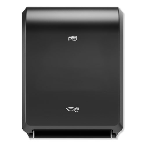 Straight-on view of the closed Tork Electronic Black Hand Towel Roll Dispenser in black, featuring the Tork logo and sensor hand icon.