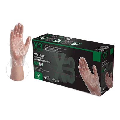 A box of X3 Disposable Poly Embossed Gloves alongside an image of a hand wearing one of the clear gloves for demonstration.