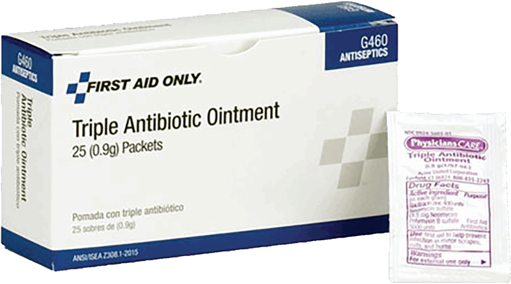 Box of First Aid Only Triple Antibiotic Ointment with an individual 0.9g packet displayed next to it, used for first aid treatment of minor wounds.