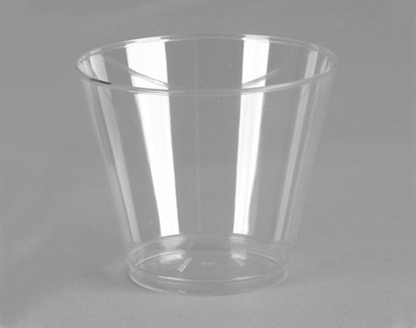 Clear 9-ounce plastic squat tumbler with a smooth wall design, shown empty against a neutral background.