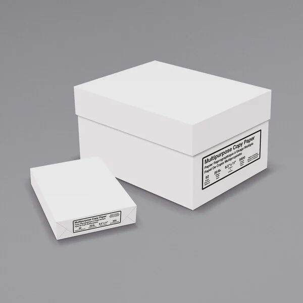 Case of multipurpose 8.5"x11" copy paper with one ream shown beside the box, labeled 20 lb., 500 sheets per ream.