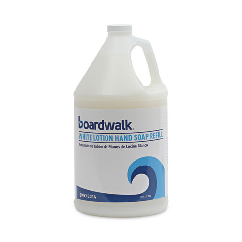 Front view of a single gallon bottle of Boardwalk White Lotion Hand Soap Refill featuring a blue wave design and product label.