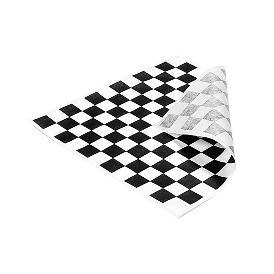 A single 12"x12" black and white checkered wax paper sheet folded at the corner, displaying its smooth, grease-resistant surface.