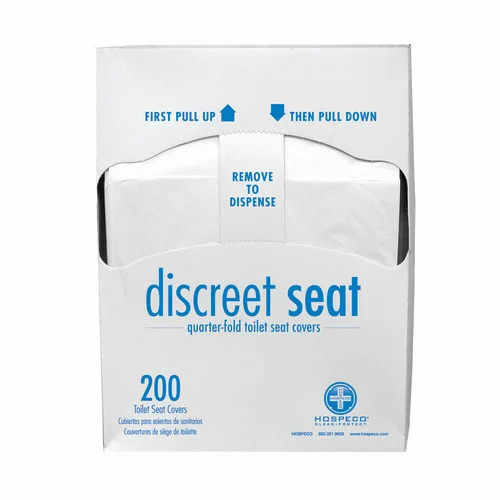 A white box of Discreet Seat quarter-fold toilet seat covers labeled “200 Toilet Seat Covers,” showing dispensing instructions on the front.