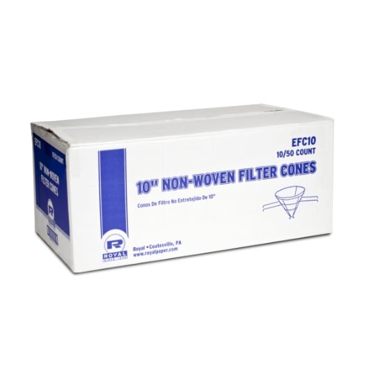 Case of Royal 10-inch non-woven filter cones, labeled 10/50 count, with product branding and diagram.