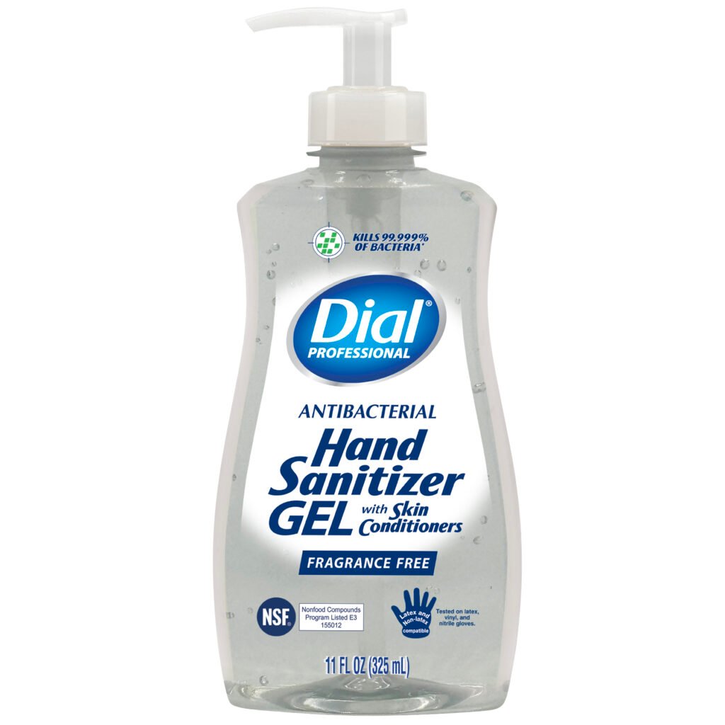 A clear 11 oz bottle of Dial Professional Antibacterial Hand Sanitizer Gel with Skin Conditioners, featuring a white pump and blue label.