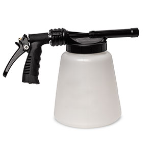 A Betco foam gun featuring a black ergonomic spray handle attached to a large white plastic solution container, designed for applying cleaning foam.