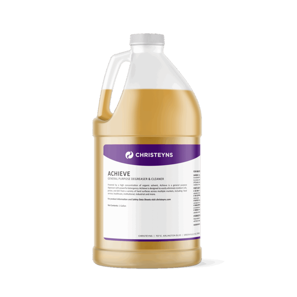 Gallon container of Christeyns Achieve General Purpose Degreaser & Cleaner, filled with amber liquid and labeled with product and safety information.