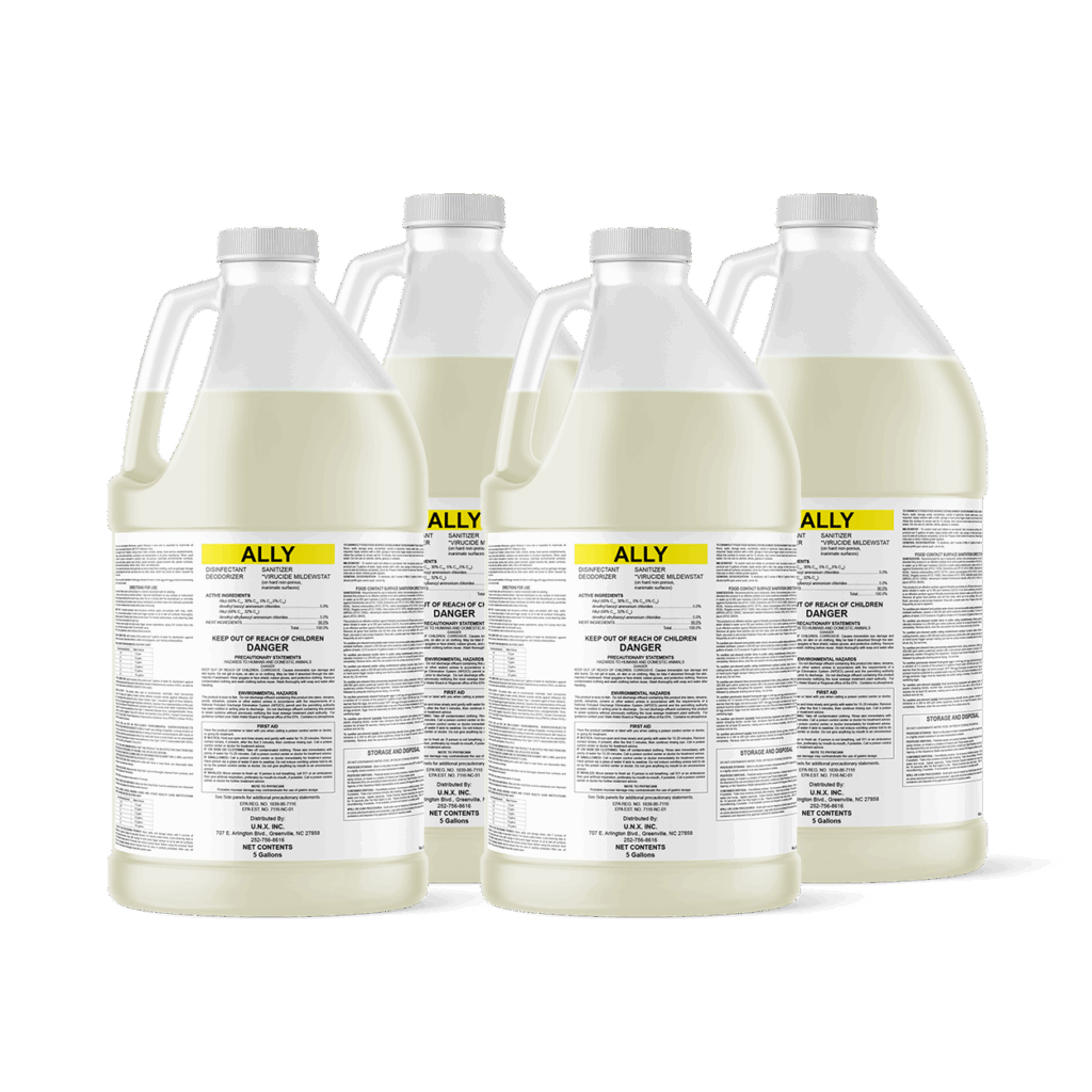 Four one-gallon containers of Christeyns Ally EPA Registered Quaternary Sanitizer, each labeled with product and safety information.