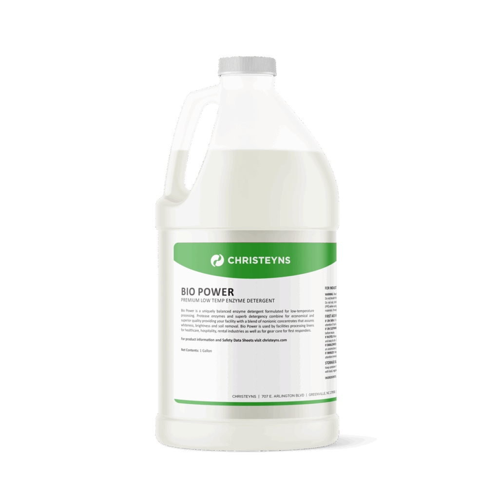 One-gallon jug of Christeyns Bio Power Premium Low Temp Enzyme Detergent with a white container, gray cap, and green product label.