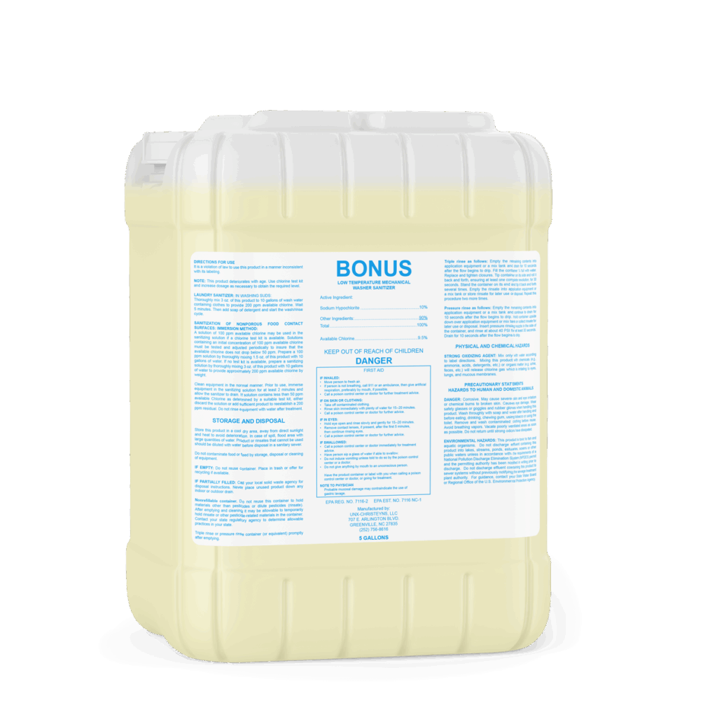 Five-gallon container of Christeyns Bonus Highly Concentrated Sanitizer featuring a yellow-tinted liquid and a white and blue product label.