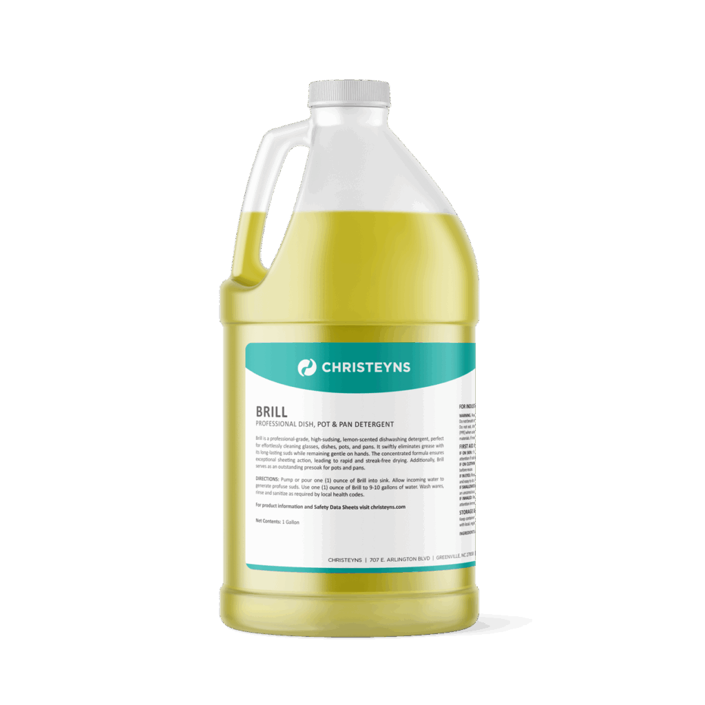 Gallon container of Christeyns Brill Professional Dish, Pot & Pan Detergent, filled with yellow liquid and labeled with product information.