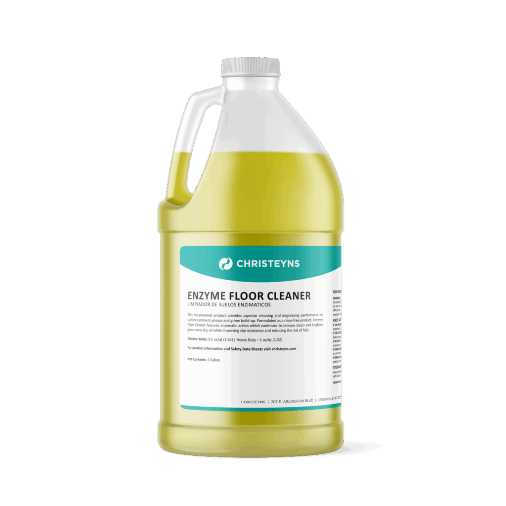 Gallon container of Christeyns Enzyme Floor Cleaner, filled with yellow liquid and labeled with product and safety information.