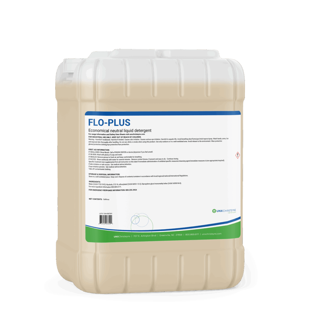 Christeyns Flo-Plus Economical Neutral Liquid Detergent 5-gallon container with product label, shown in a beige plastic jug designed for commercial laundry use.