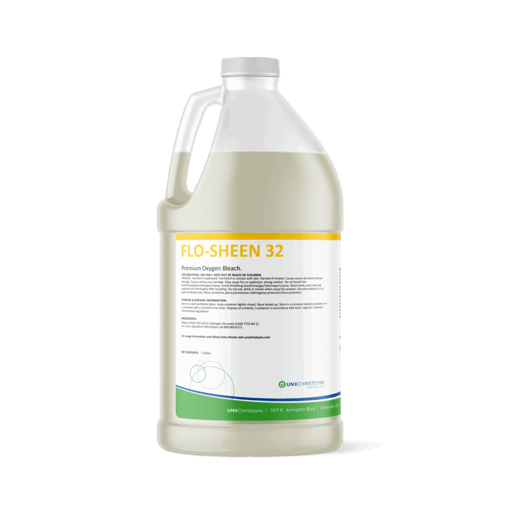 1-gallon container of Christeyns Flo-Sheen 32 Premium Oxygen Bleach with a yellow and white label.