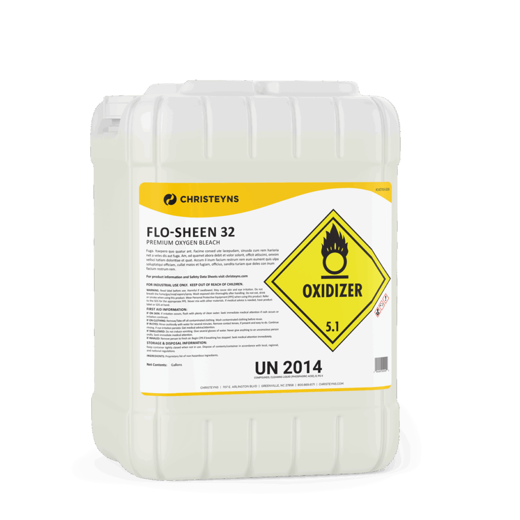 Christeyns Flo-Sheen 32 Premium Oxygen Bleach in a 5-gallon container with a yellow oxidizer hazard label and product information on the front.