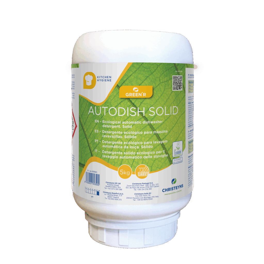 White container of Christeyns Green’r Autodish Solid Detergent featuring a green leaf-themed label with multilingual product descriptions, eco-certification icons, and a 5 kg marking, designed for automatic dishwashing applications.