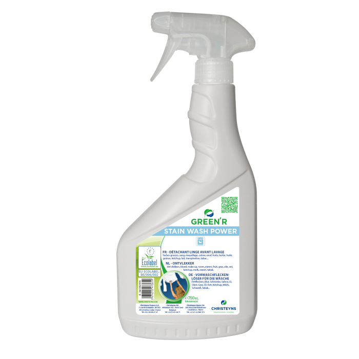 White 750 mL spray bottle of Christeyns Green’r Stain Wash Power with ergonomic grip, trigger sprayer, and front label featuring product details and EU Ecolabel certification.
