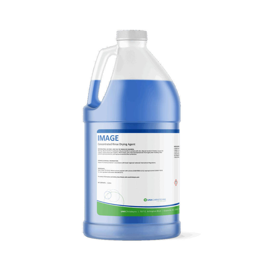 A blue one-gallon jug of Christeyns Image Concentrated Rinse Drying Agent with a white and blue label, featuring product information and branding.