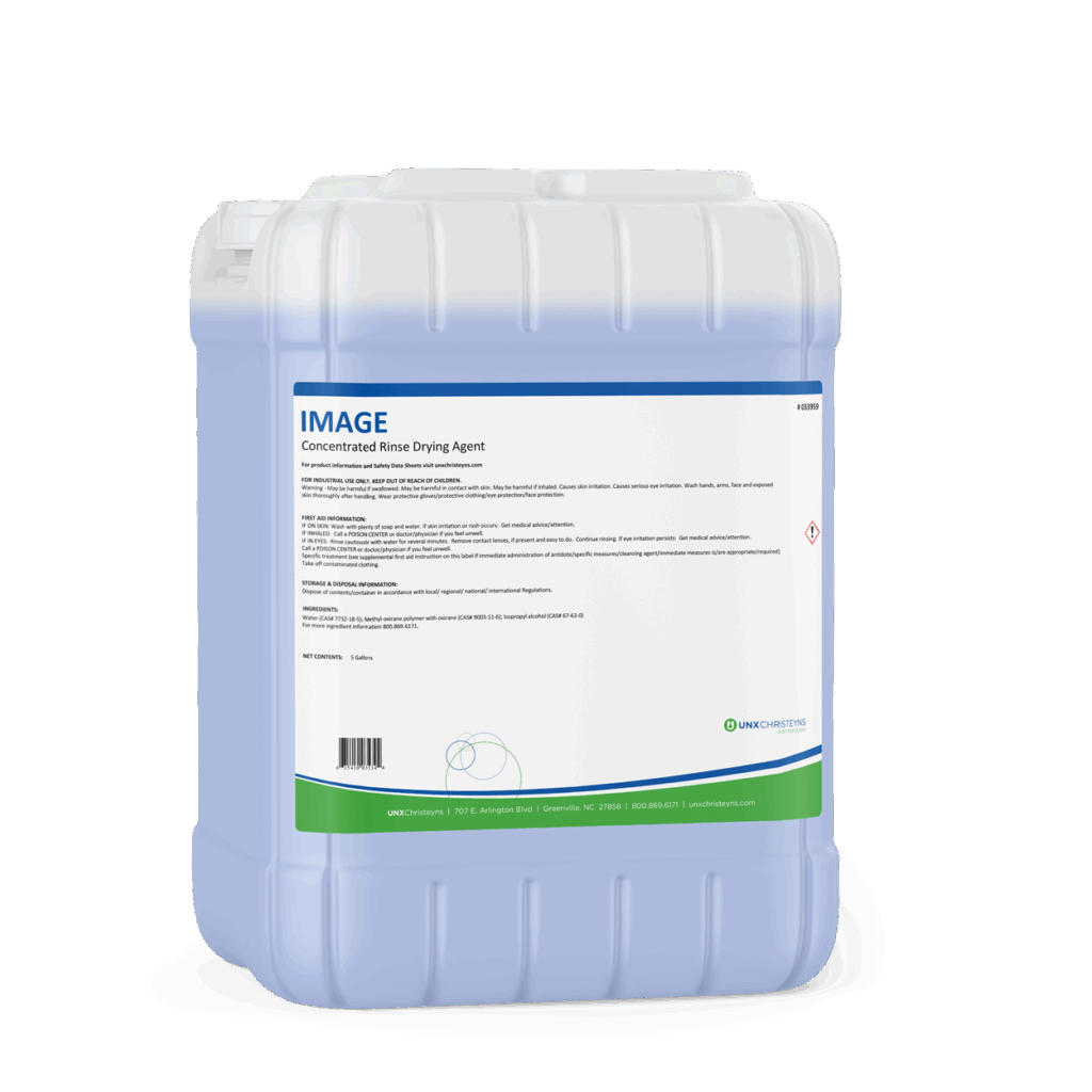 Christeyns Image Concentrated Rinse Drying Agent 5-gallon container with blue liquid and labeled front panel.