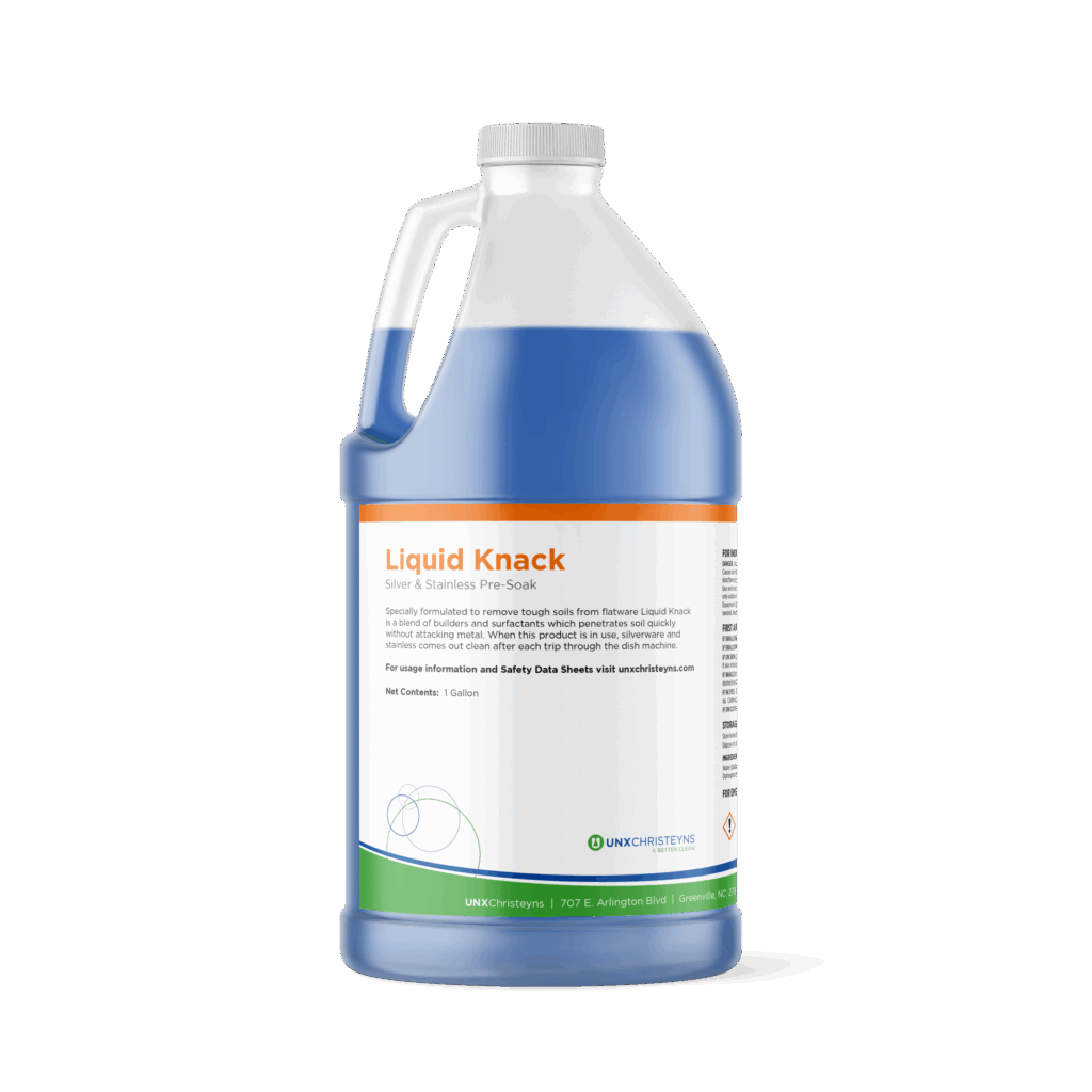 Gallon container of Liquid Knack Silver & Stainless Pre-Soak by UNX Christeyns, filled with blue liquid and labeled with product and safety information.