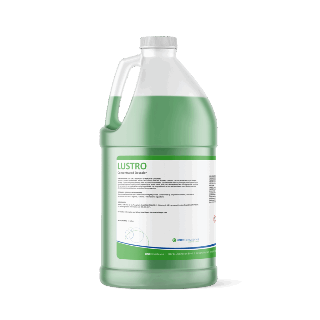 Gallon container of Lustro Concentrated Descaler by UNX Christeyns, filled with green liquid and labeled with product and safety information.