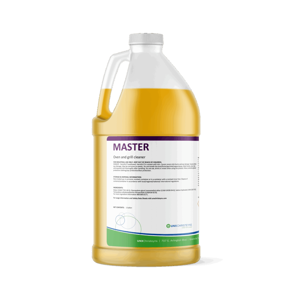 Gallon container of Christeyns Master Oven and Grill Cleaner, filled with yellow liquid and labeled with product and safety information.