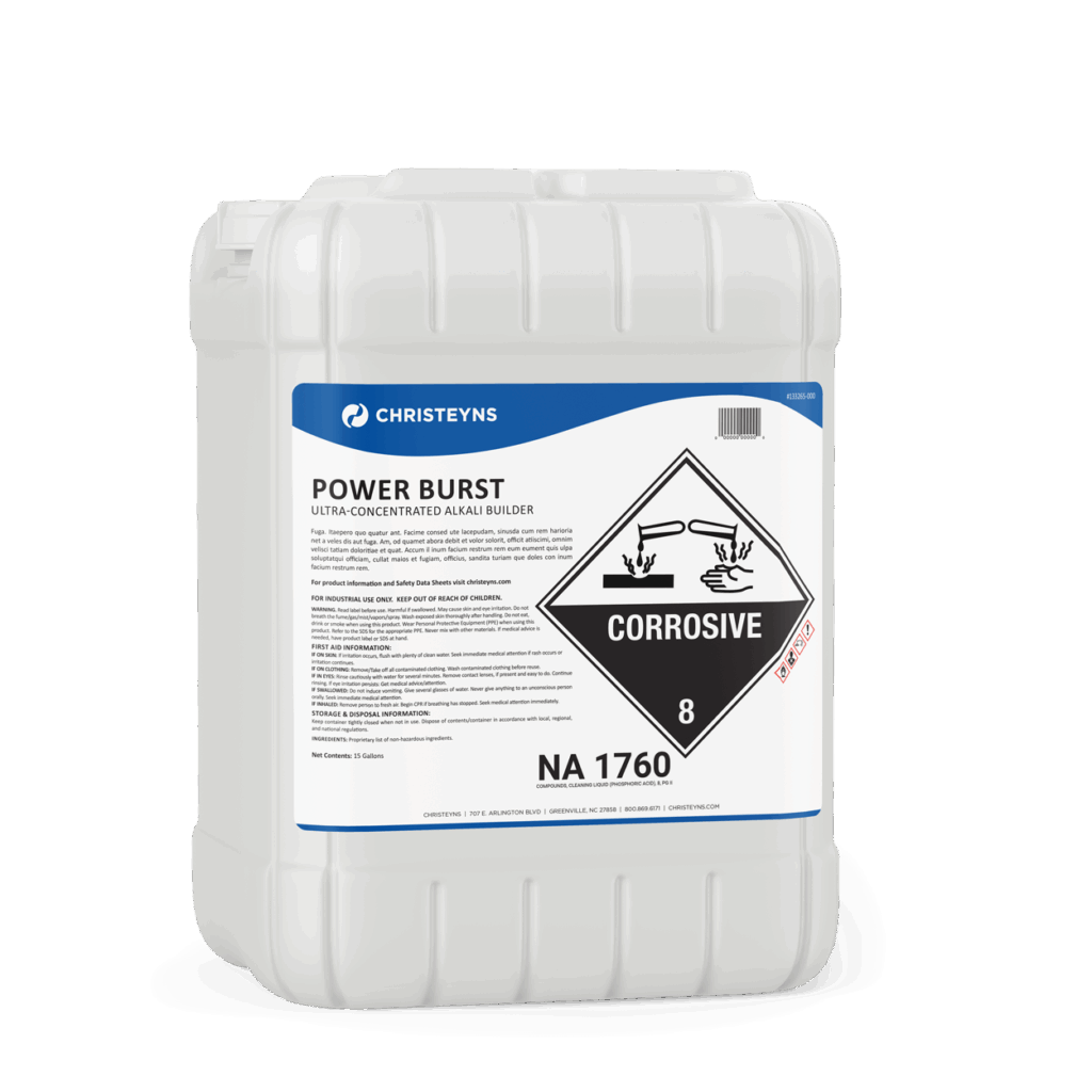A 5-gallon white plastic container of Christeyns Power Burst Ultra-Concentrated Alkali Builder, featuring a blue and white label with a large corrosive hazard symbol and product details printed on the front.