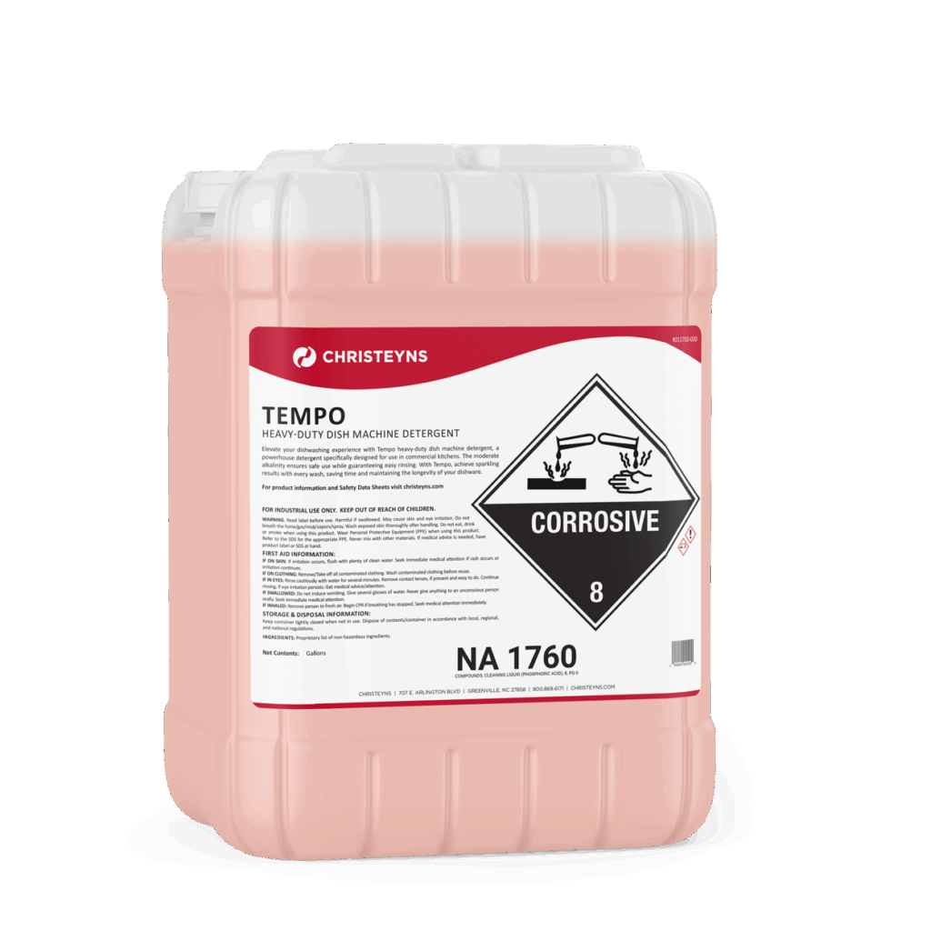 5-gallon container of Christeyns Tempo Heavy Duty Dish Machine Detergent with red labeling and corrosive hazard symbol.