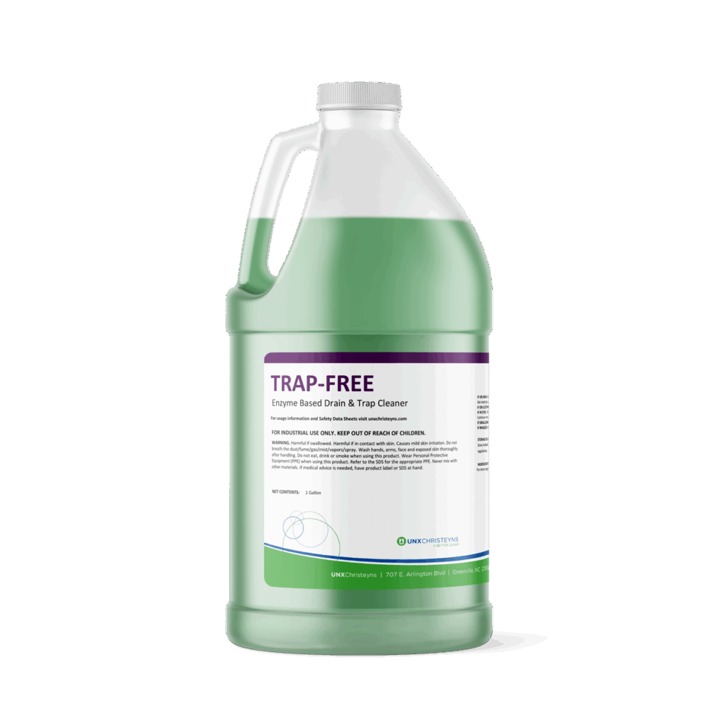 Gallon container of Christeyns Trap-Free Enzyme Based Drain & Trap Cleaner, filled with green liquid and labeled with product and safety information.
