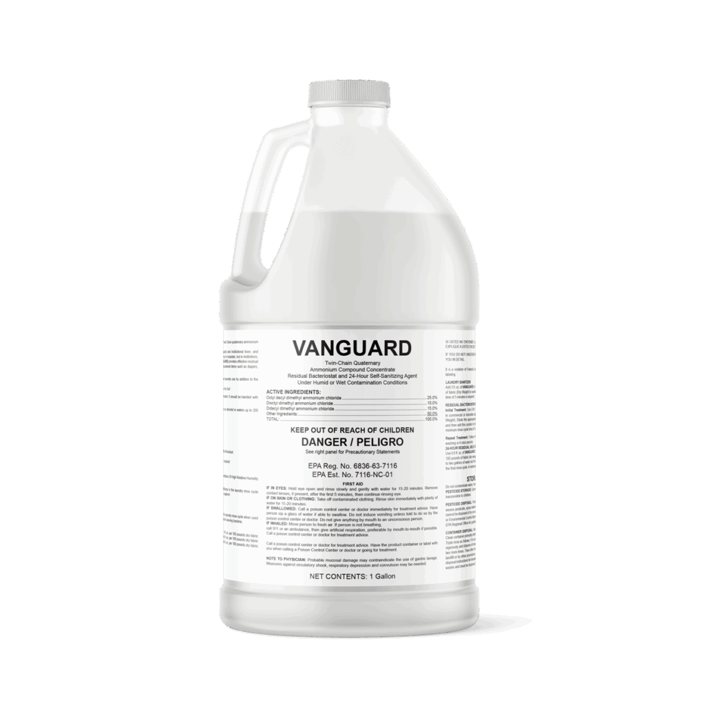 A 1-gallon white plastic jug of Vanguard Liquid Quaternary Ammonium disinfectant with a detailed black and white label showing product information, safety warnings, and usage instructions.