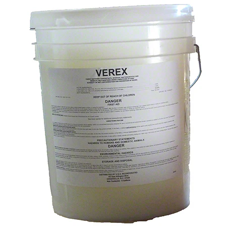 5-gallon pail of Christeyns Verex Fabric Softener with a white label displaying product information and safety warnings.