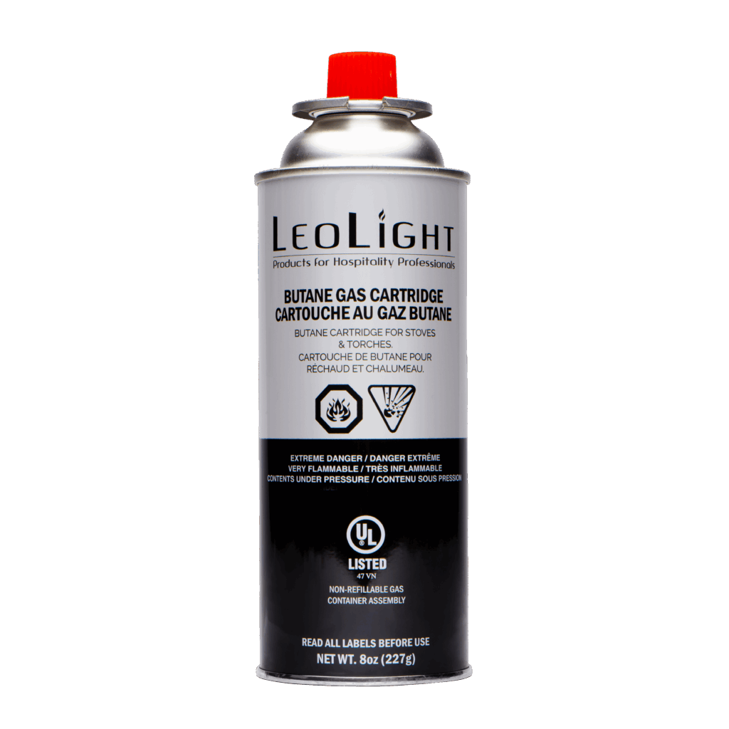 Pico Hospitality LeoLight 8 oz butane gas canister with black and grey label and red safety cap for portable stoves.
