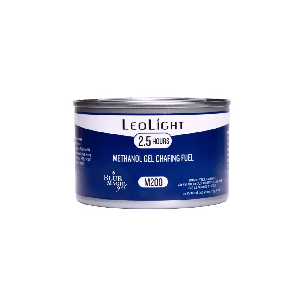 Pico Hospitality LeoLight 2.5 Hour Blue Magic methanol gel chafing fuel can with blue label and clean-burning gel design.
