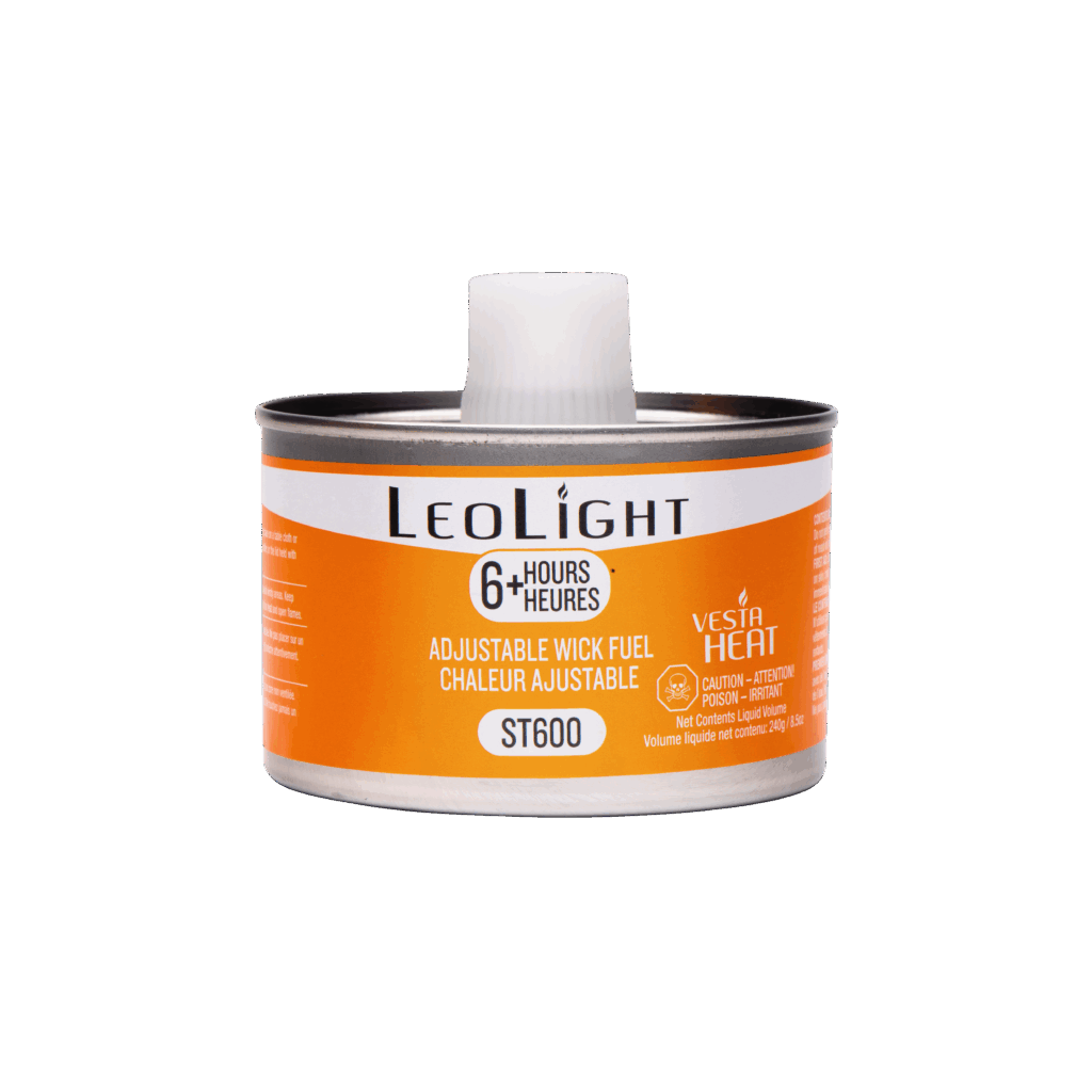 Pico Hospitality LeoLight 6-hour Vesta Heat chafing fuel can with orange label and adjustable stem-top wick.