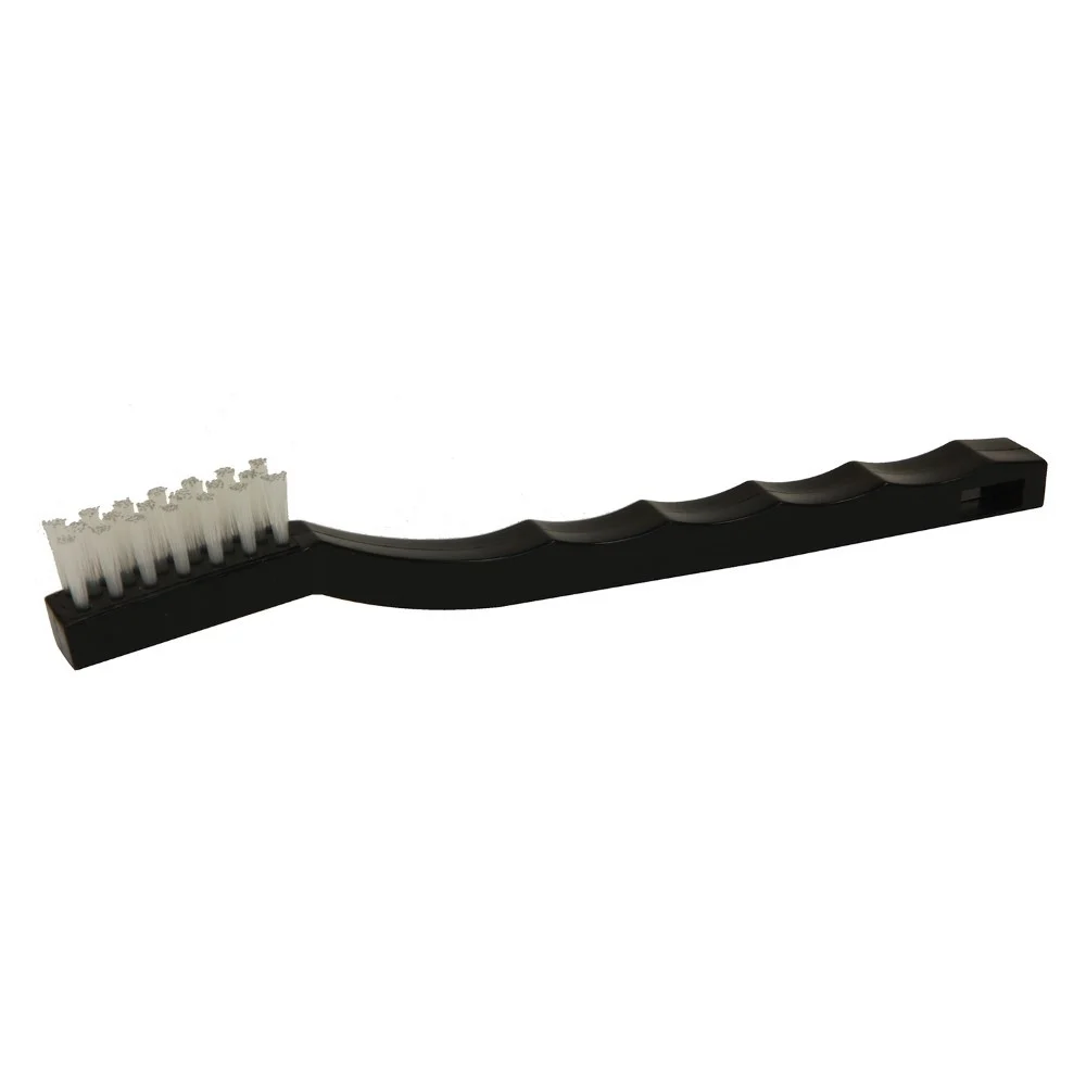 Black 8" grout detail brush with white nylon bristles and an ergonomic handle, designed for cleaning grout lines and tight spaces.
