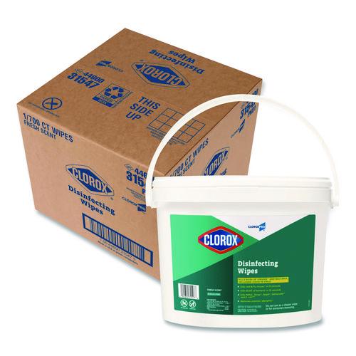Clorox disinfecting wipes bucket with handle shown next to a shipping case, indicating bulk commercial packaging.